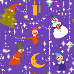 Gnomes and snowman, pine tree and xmas garlands