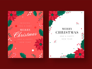 Merry Christmas & Happy New Year Greeting Card Decorated With Poinsettia Flowers, Leaves, Berries On Background In Two Color Options.