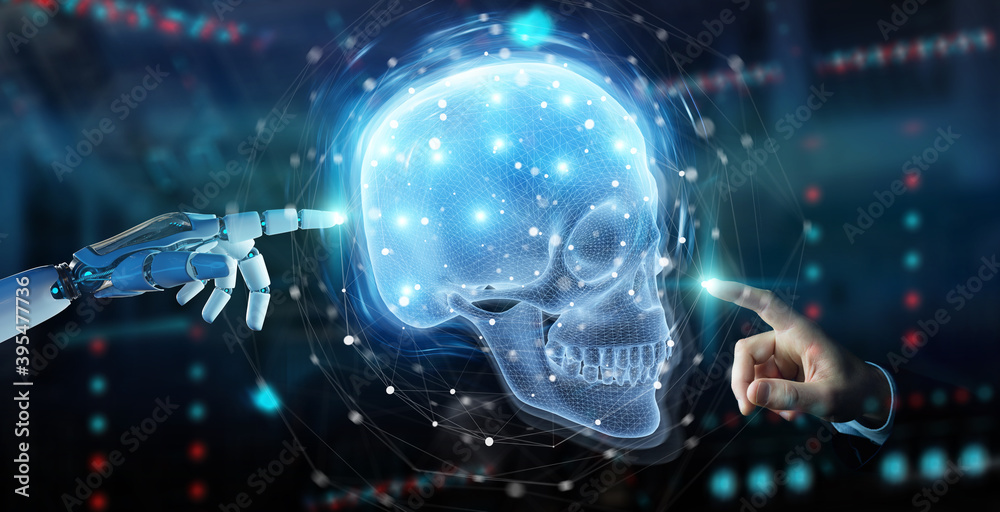 Aufkleber Robot hand using digital x-ray skull holographic scan projection 3D rendering