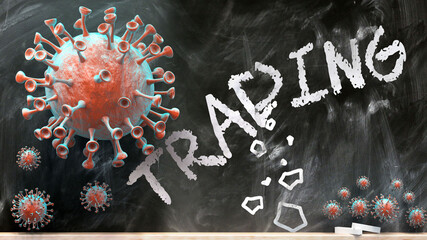 Covid and trading - covid-19 viruses breaking and destroying trading written on a school blackboard, 3d illustration