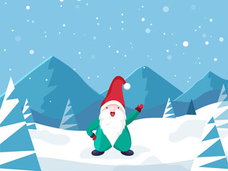 Cartoon Gnome Character Standing On Winter Landscape Background.