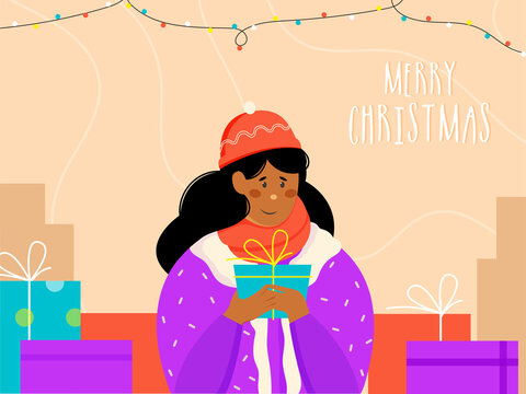 Illustration Of Young Woman With Gift Boxes And Lighting Garland Decorated On Peach Background For Merry Christmas Celebration.
