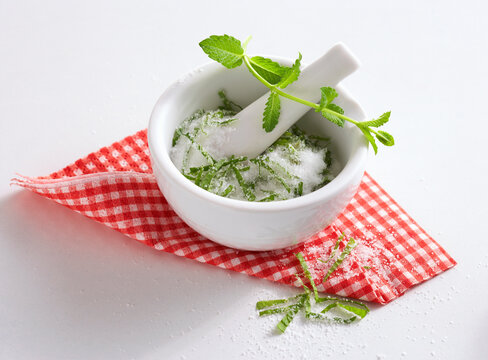 Mint sugar in a mortar