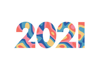 Fototapeta premium Happy New Year 2021 symbol. Text design logo. Vector illustration for cover, brochure and calendar. 2021 isolated on white background. Vector New Year logo in color 