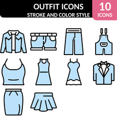 10 Outfit Icon or Symbol In Black Stroke And Blue Color Filled.