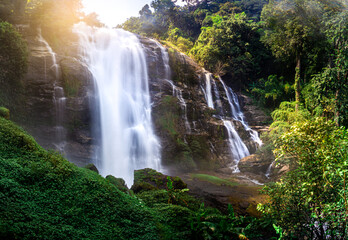 Obraz premium Wachirathan waterfall beautiful at Doi Inthanon national park, Chiang Mai, Thailand