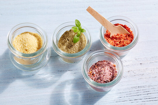 Various salt mixtures in preserving jars