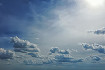 white clouds on blue sky background, abstract seasonal wallpaper, sunny day atmosphere
