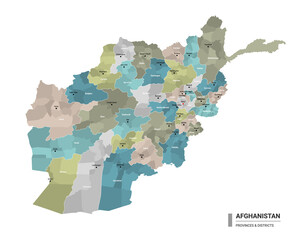 Afghanistan higt detailed map with subdivisions. Administrative map of Afghanistan with districts and cities name, colored by states and administrative districts. Vector illustration.