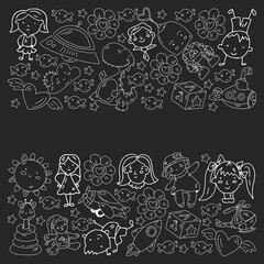 Doodle set of objects for kids. Toys and boys and girls. Kindergarten children. Vector outline icons