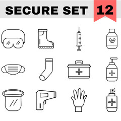 Flat Style Secure Icon Set In Black Thin Line Art.