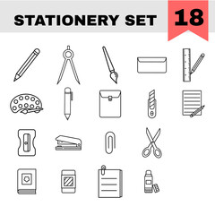Fototapeta premium 18 Stationery Icons In Black Line Art.