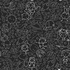 Doodle set of objects for kids. Toys and boys and girls. Kindergarten children. Vector outline icons