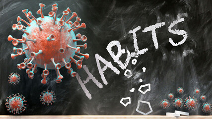 Fototapeta na wymiar Covid and habits - covid-19 viruses breaking and destroying habits written on a school blackboard, 3d illustration