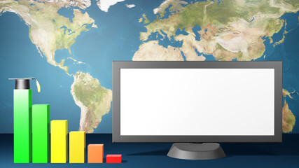 3D Rendering of blank white computer monitor, Graduation cap and bar graph shows a increase in education on world background. Education concept.