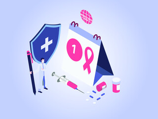 Calendar with red ribbon, drugs, shield, and syringe. World Aids Day isometric vector concept