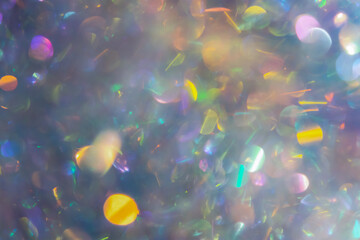 Abstract holiday background made of multicolored bokeh. Fancy sparkling iridescent pearl with...