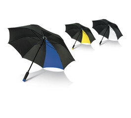 3d illustration of open rain umbrellas in different positions and colors with wooden and plastic handle and shadows on white background
