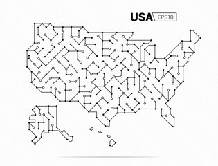 Abstract futuristic map of USA. Electric circuit of the country. Vector illustration.
