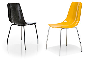 photo of plastic chairs in two different colors and angle with aluminum legs on white background