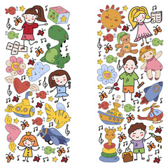 Fototapeta na wymiar Poster with cute doodle drawing of happy kids and precepts to celebrate Children's Day. Kindergarten children.