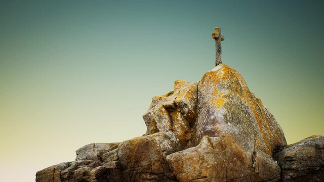 stone cross on the rock Beg Ar Groas