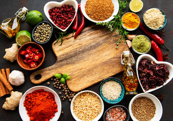 Various spices in a bowls and empty cutting board on black concrete background. Top view copy space.