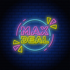 Max Deal neon sign style text design with blue bricks background.