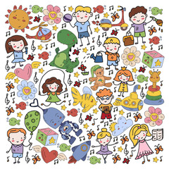Poster with cute doodle drawing of happy kids and precepts to celebrate Children's Day. Kindergarten children.