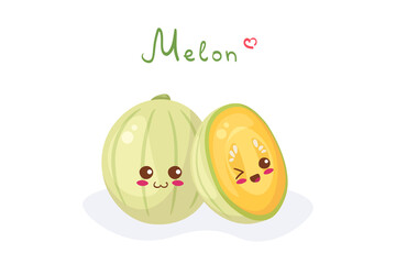 Kawaii Melon characters - whole and sliced. Healthy exotic food characters vector illustration isolated on white background with lettering. Use for food hall menu, t-shirt print, smoothie, juice.