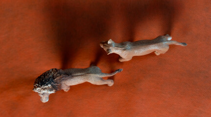 plastic figurines of couple of lions on orange background