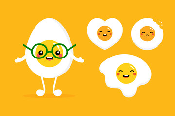 Set, collection of cute boiled and fried eggs characters with different facial expressions for breakfast food design.