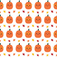 Cute smiling cartoon style pumpkin characters with maple leaves seamless pattern background for autumn, fall design.