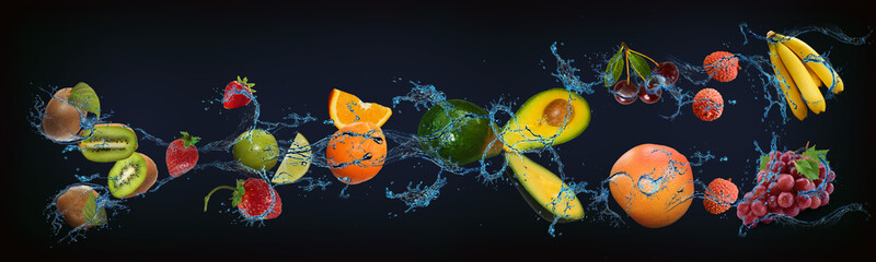 Obraz na płótnie Canvas Panorama with fruits in water - juicy kiwi, strawberry, lime, orange, avocado, cherry, lmchi, banana, grapes increase human immunity