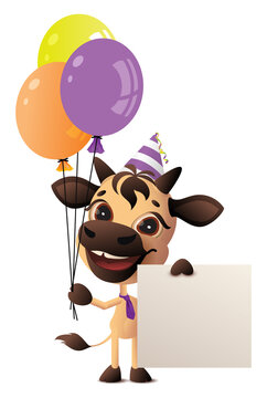 Goby holding balloons and blank poster. Bull invites friends to birthday