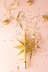 golden christmas tree decorations and sequins concept christmas and new year.