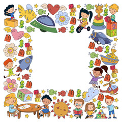 Fototapeta premium Poster with cute doodle drawing of happy kids and precepts to celebrate Children's Day. Kindergarten children.