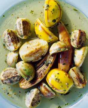Mini Thai aubergines pickled in vinegar with mint, garlic and oregano