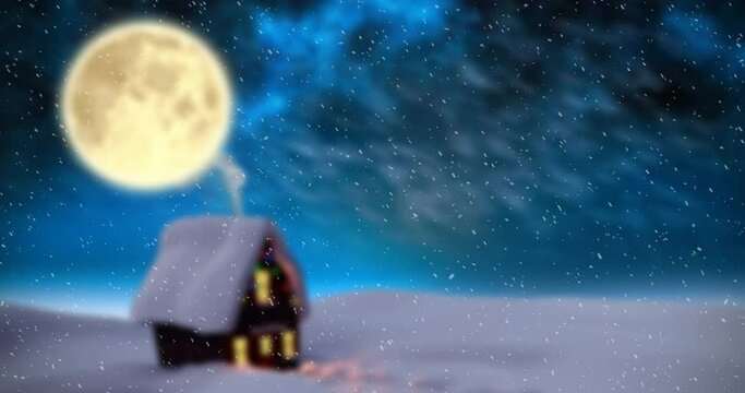 Animation of winter scenery with house, full moon and snow falling