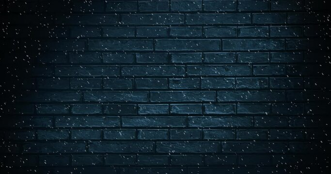 Animation of winter scenery with snow falling over brick wall