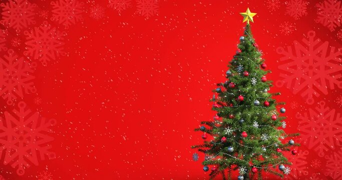 Animation of christmas tree with snow falling on red background