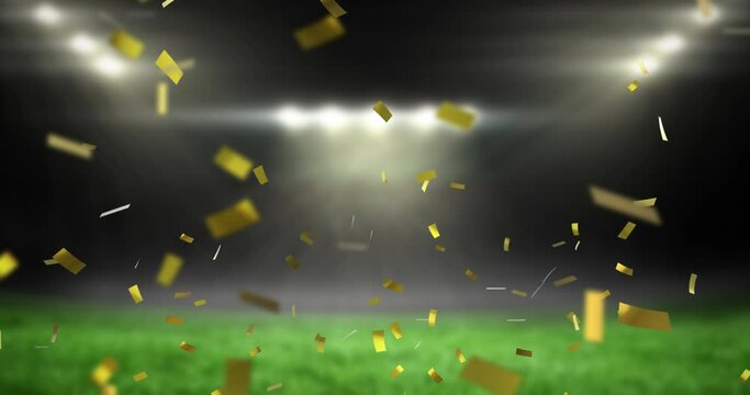 Animation of golden confetti falling over empty sports stadium