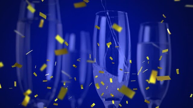 Animation of gold confetti falling over champagne flutes on blue