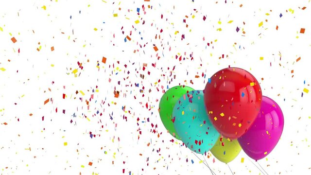 Animation of multi coloured confetti and balloons on white background