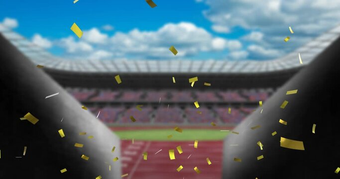 Animation of gold confetti falling over empty sports stadium