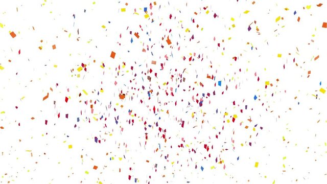 Animation of multi coloured confetti falling over white background
