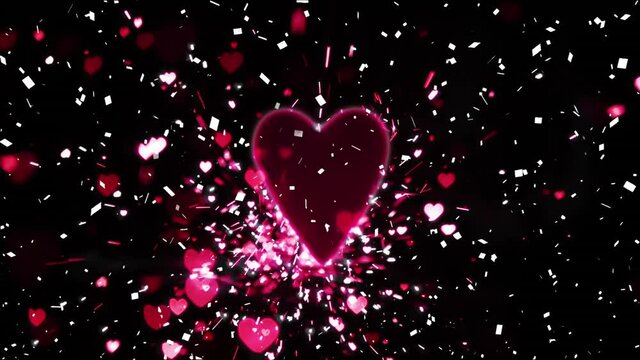 Animation of multiple pink hearts and confetti falling over black background
