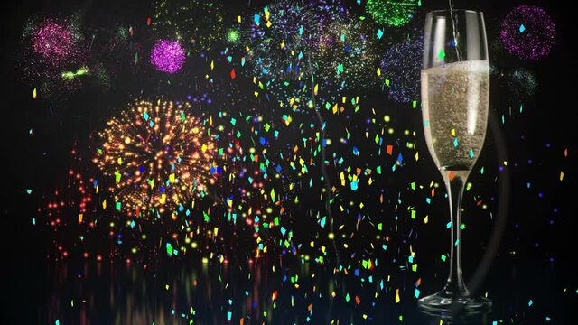 Animation of multi coloured confetti, fireworks and champagne flute