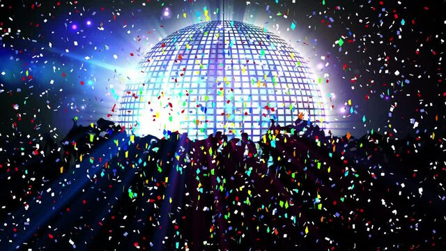 Animation of multi coloured confetti over people dancing and disco ball