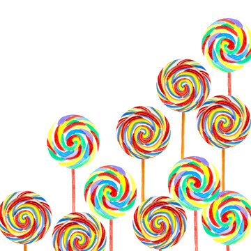 Colorful rainbow lollypop, sweet candy on stick illustration watercolor drawing